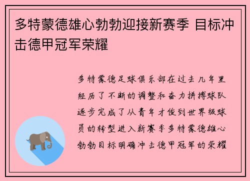 多特蒙德雄心勃勃迎接新赛季 目标冲击德甲冠军荣耀