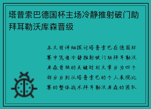 塔普索巴德国杯主场冷静推射破门助拜耳勒沃库森晋级 塔普索巴德国杯主场冷静推射破门助拜耳勒沃库森晋级